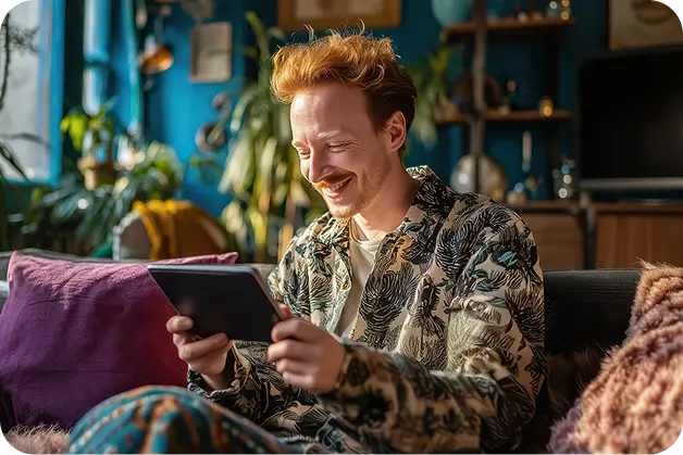 Yeni internetine geçiş yaptıktan sonra tabletinde internet keyfi yapan gülen müşteri.