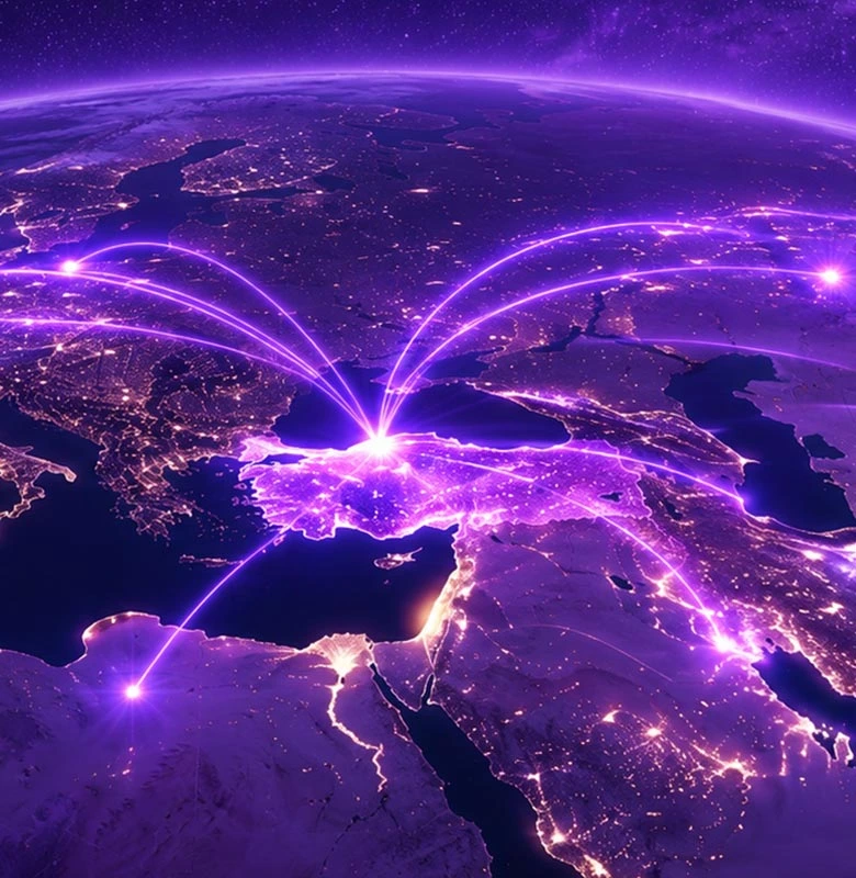 Global network connectivity visualization with glowing purple connection lines across Earth