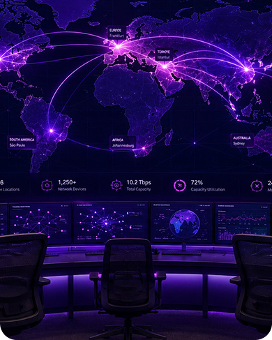 Radiating fiber optic light trails in a glowing hexagonal frame representing global carrier internet