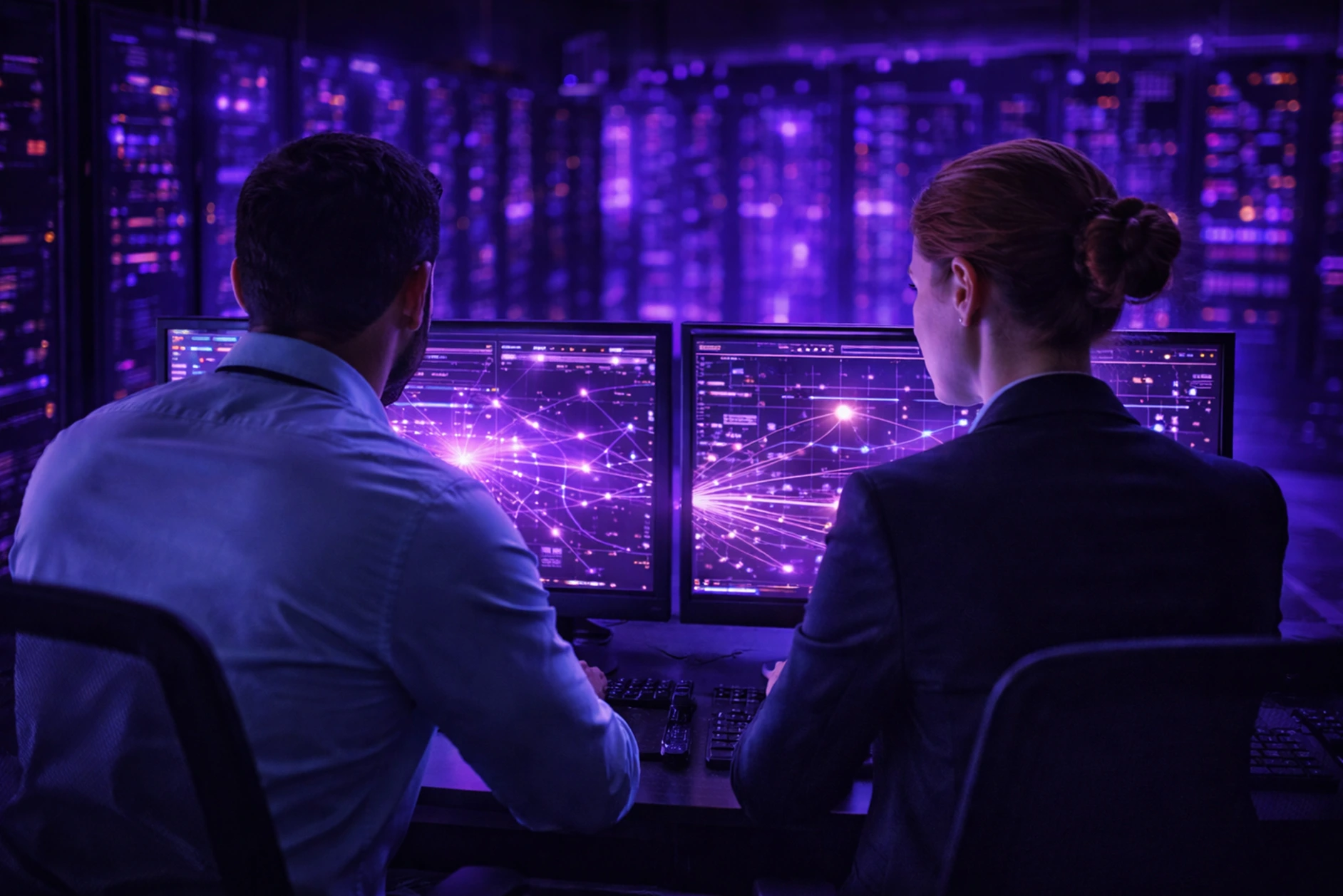 Network operations team monitoring connectivity dashboards in a data center