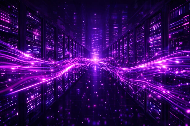 Futuristic data center with glowing purple data streams representing high-speed network connectivity