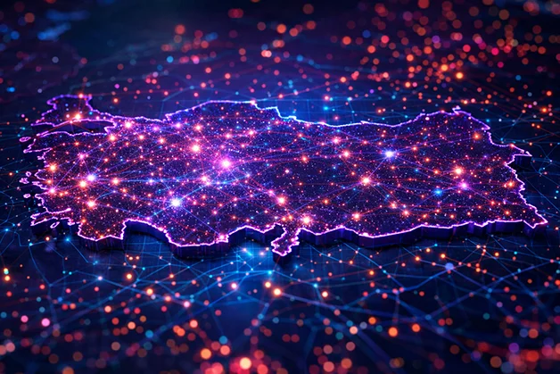 Stylized glowing network map of Türkiye representing TurkNet connectivity
